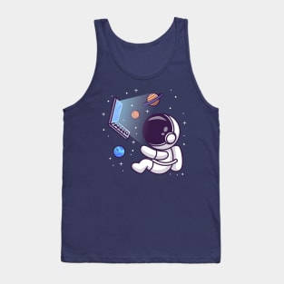 Cute Astronaut Floating With Laptop And Planet On Space Cartoon Tank Top